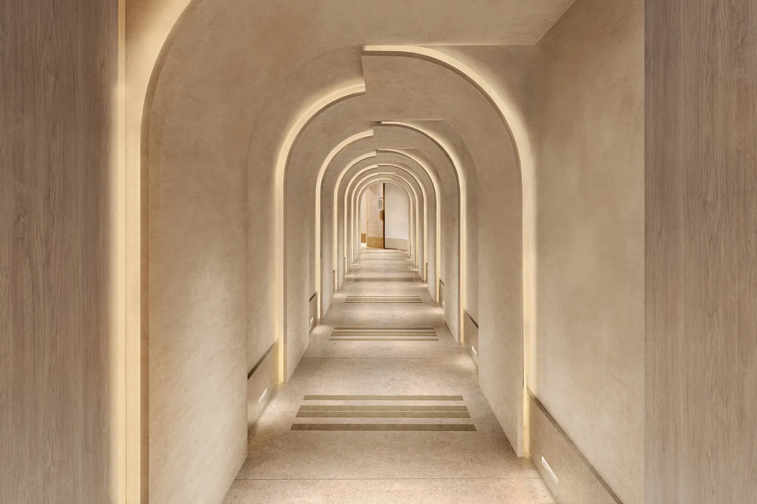 An illuminated spa corridor with symmetrical arched ceilings and atmospheric lighting.
