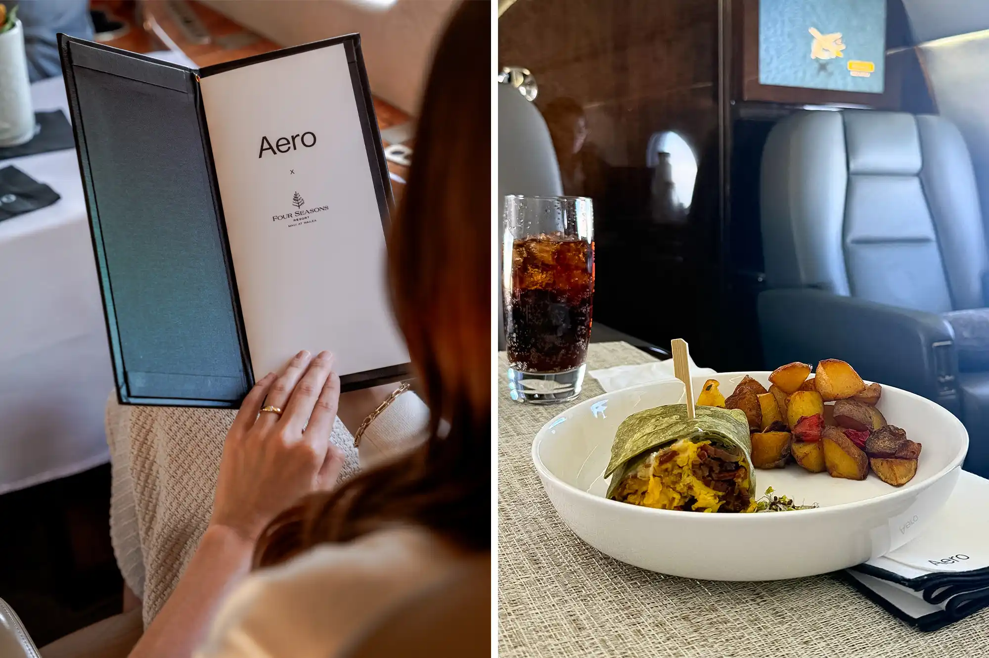 A passenger reviewing a gourmet in-flight menu next to a prepared meal on a private jet tray.