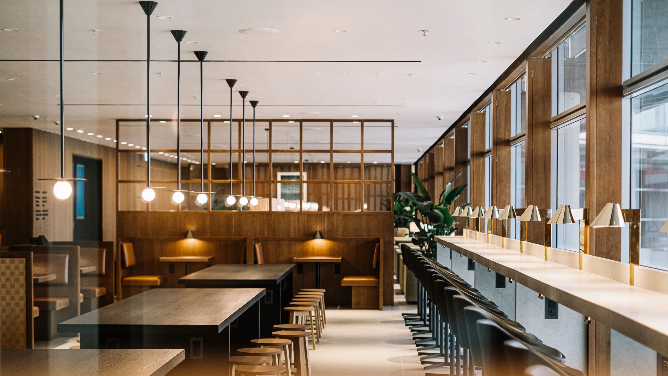 The cafeteria-style dining area and seating within the lounge.