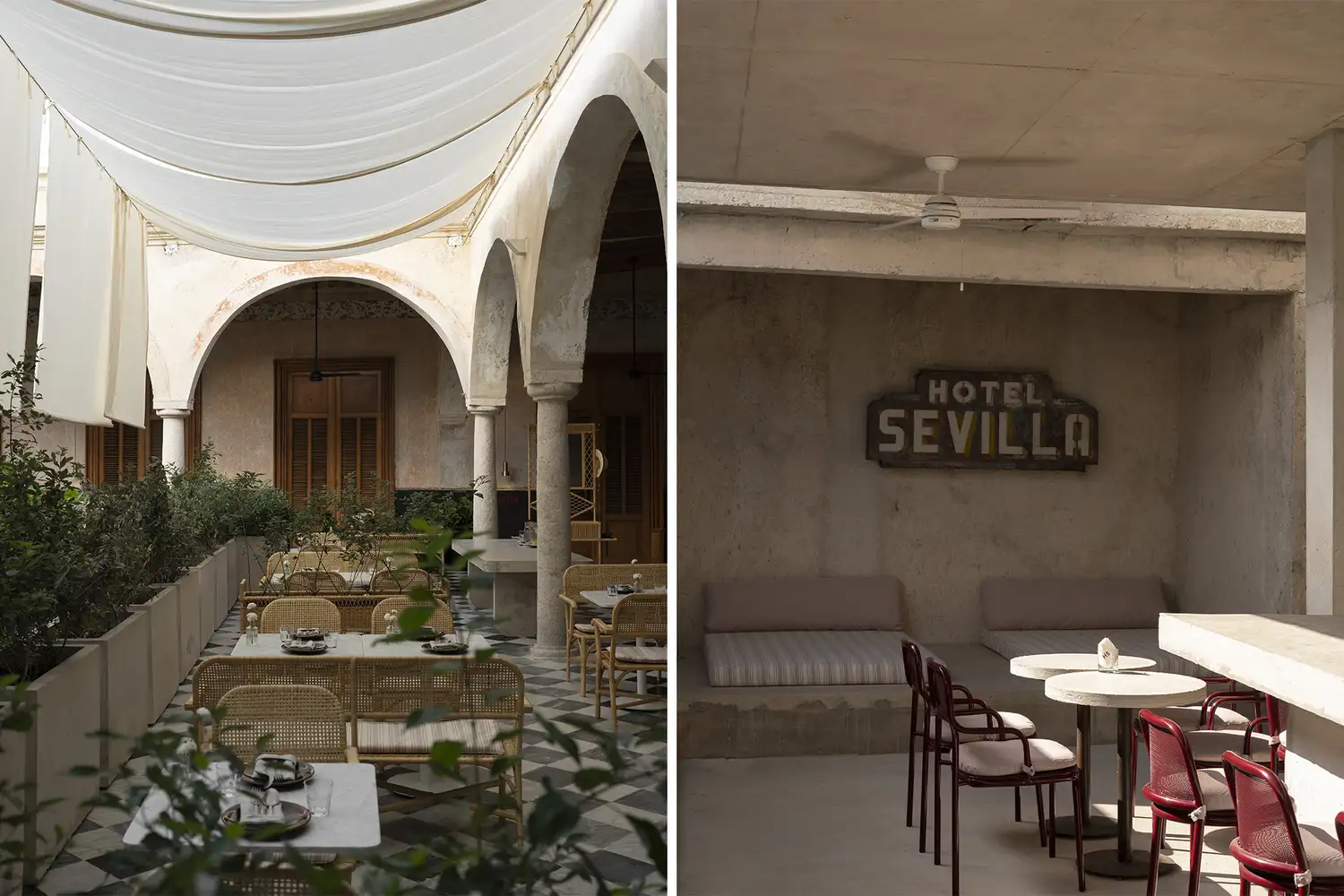 A split view showing a wooden-furnished restaurant gallery and a minimalist concrete bar area.
