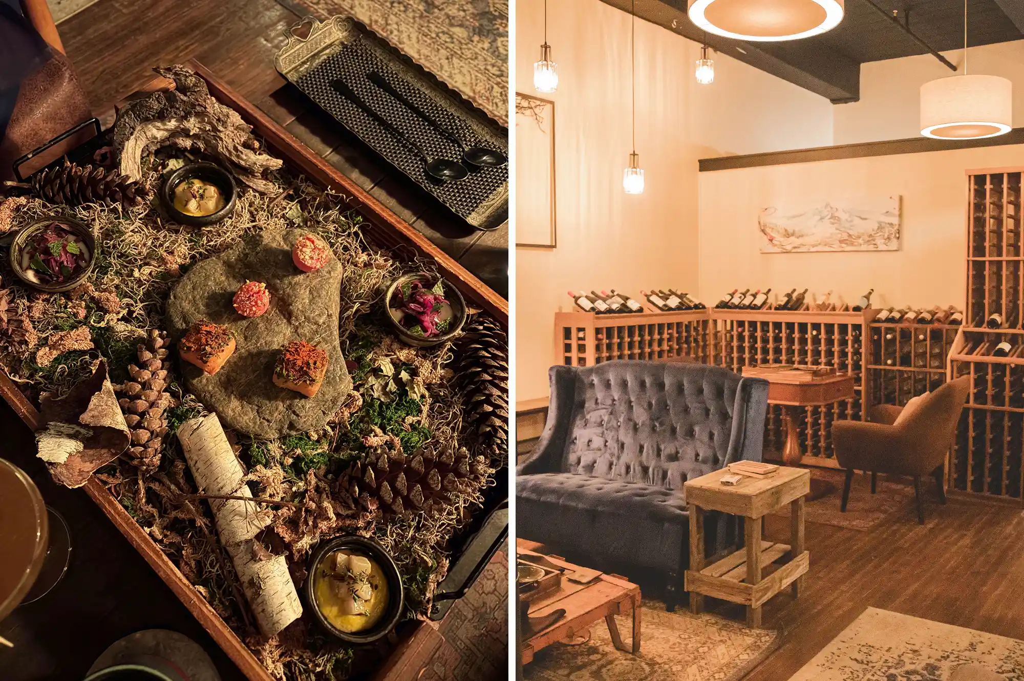 A unique restaurant interior with forest-themed decor and extensive wine storage.