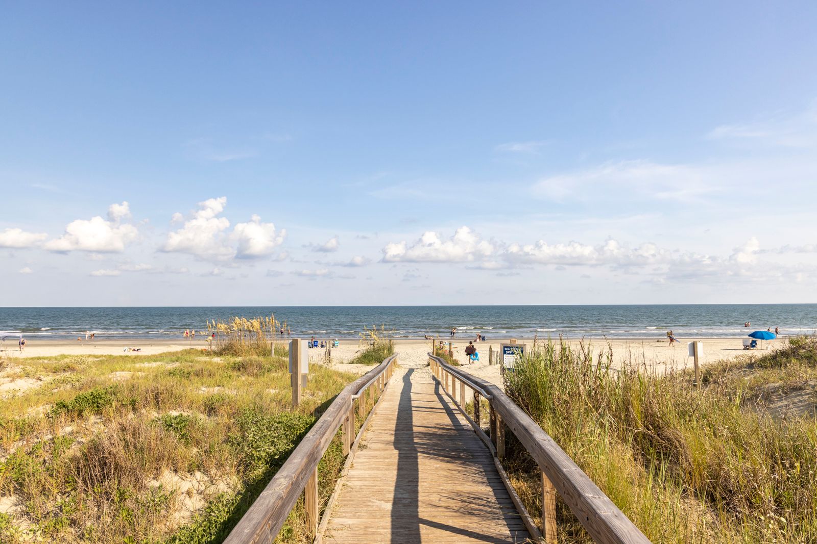 A boardwalk path and pier walkway leading toward the sea.