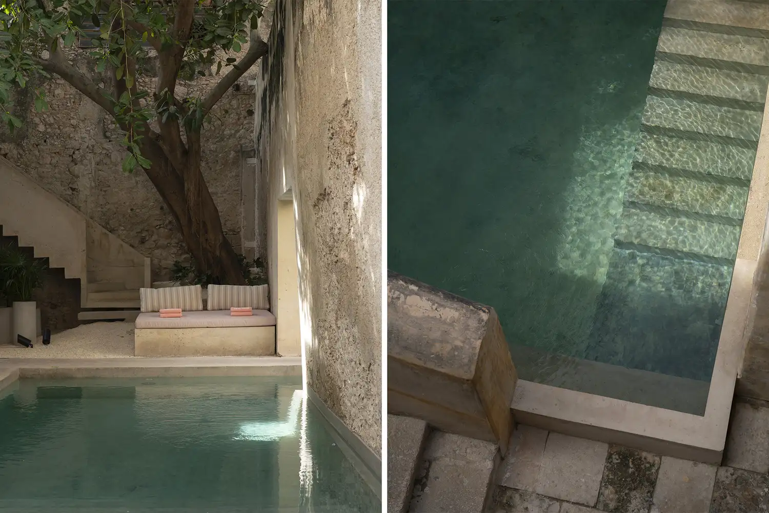 A narrow outdoor swimming pool with concrete steps and surrounding historic stone walls.
