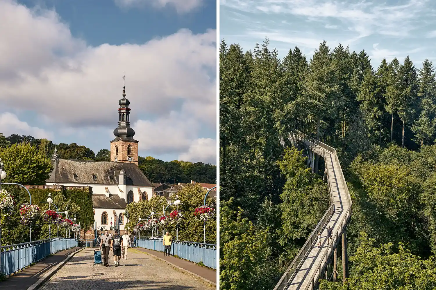 A split image showing the Old Bridge in Saarbrücken and the Treetop Walk Saarschleife in Mettlach.