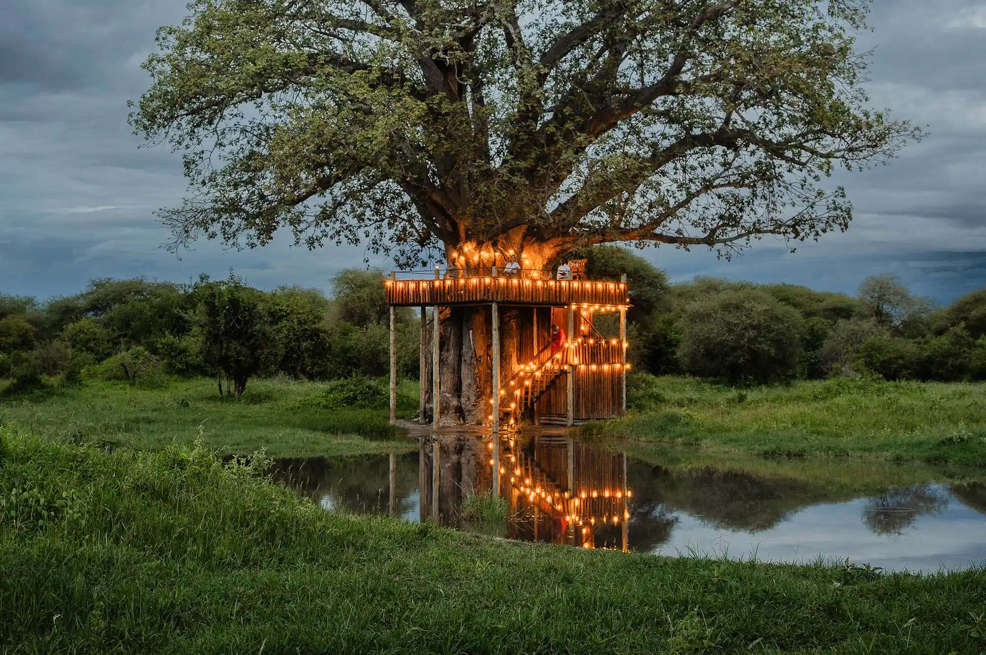 An illuminated luxury treehouse lodge reflected in water during twilight in a Tanzania safari reserve.