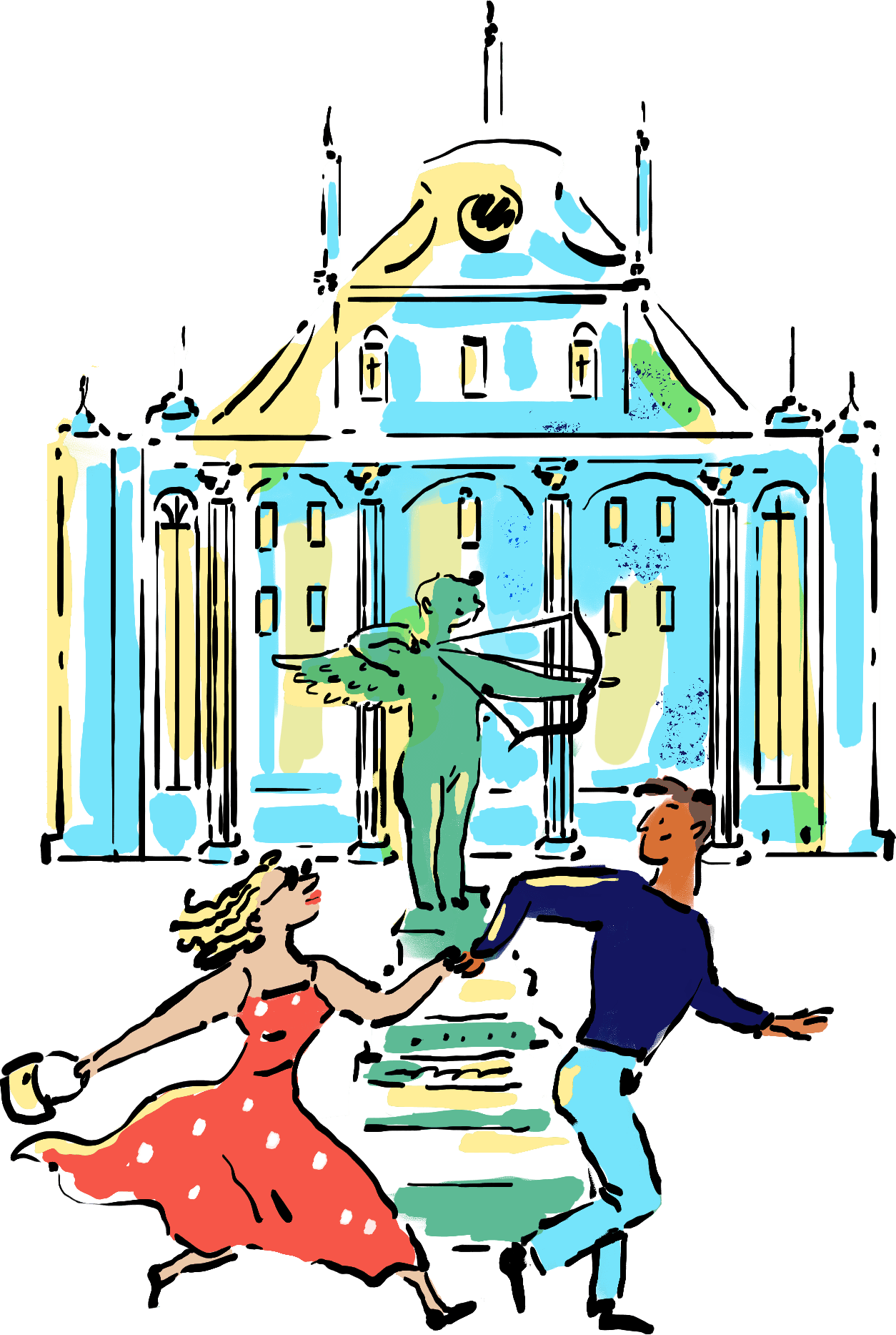 A vintage carousel in a European city square.