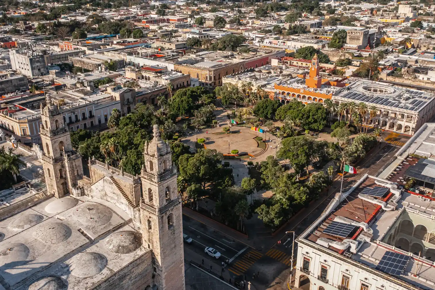 Aerial view of Plaza Grande in Merida featuring the cathedral and green trees.