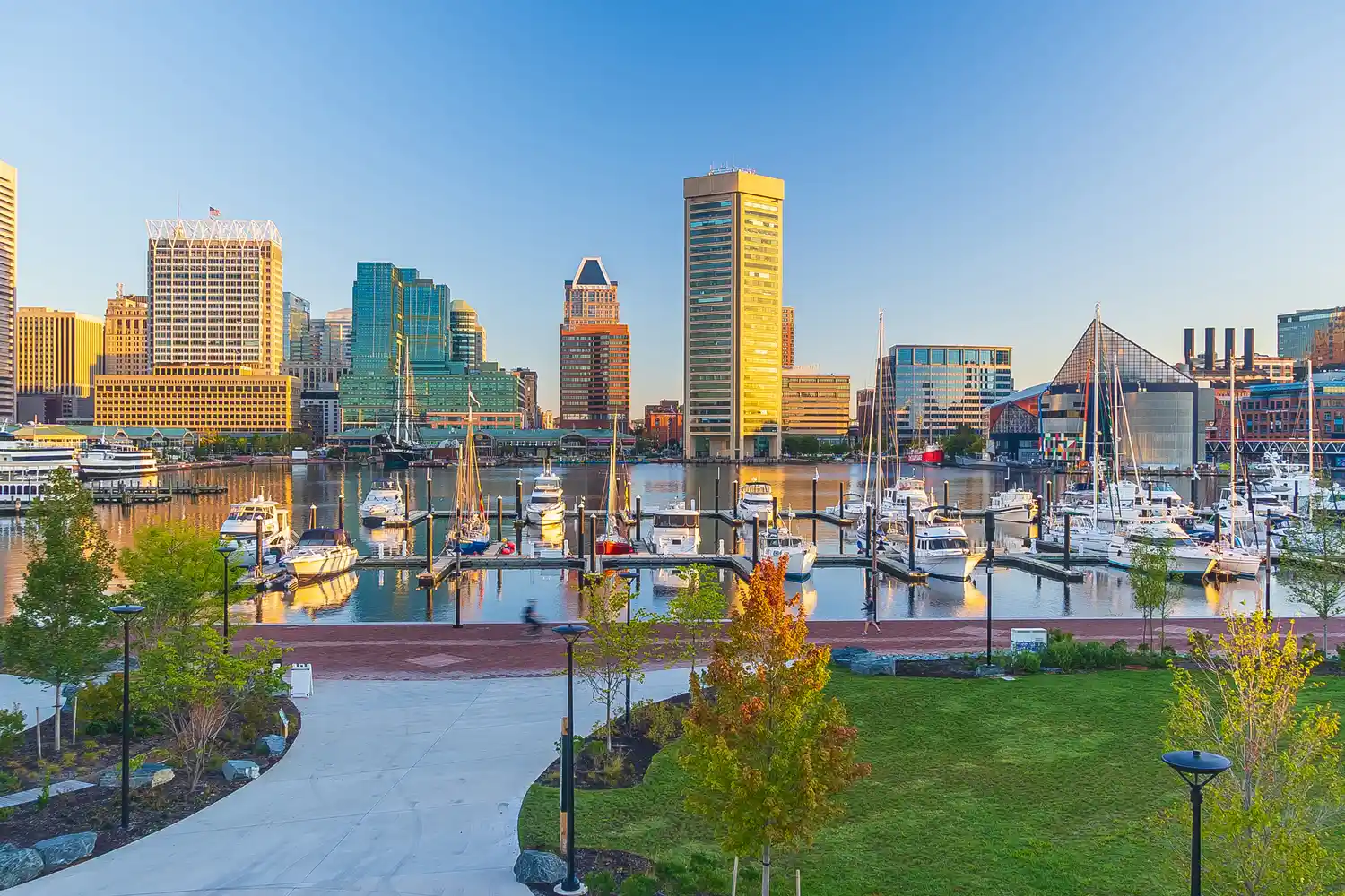 View of the Baltimore Inner Harbor skyline and marina.