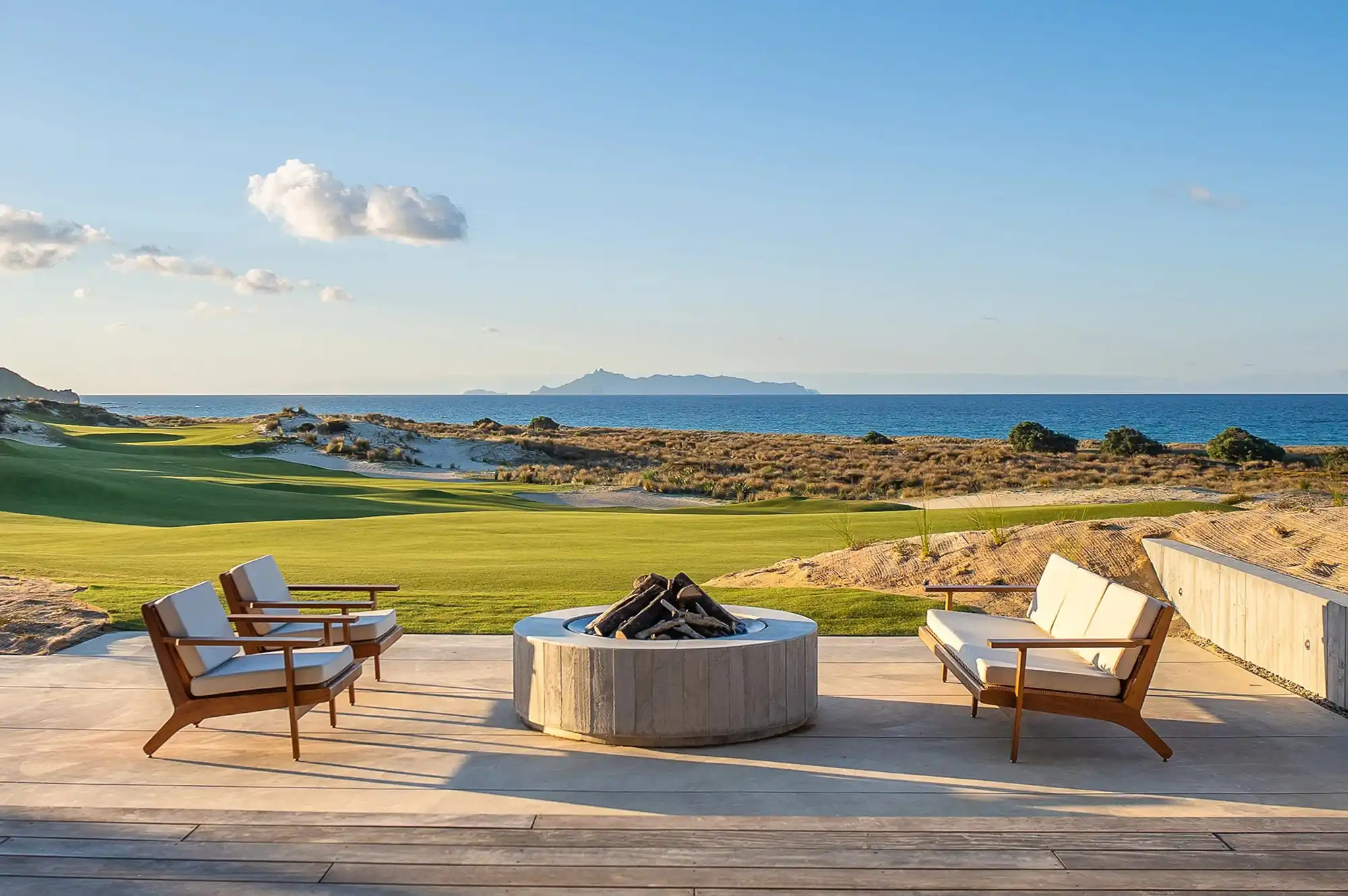 An outdoor lounge area with a fire pit overlooking the golf course at dusk.