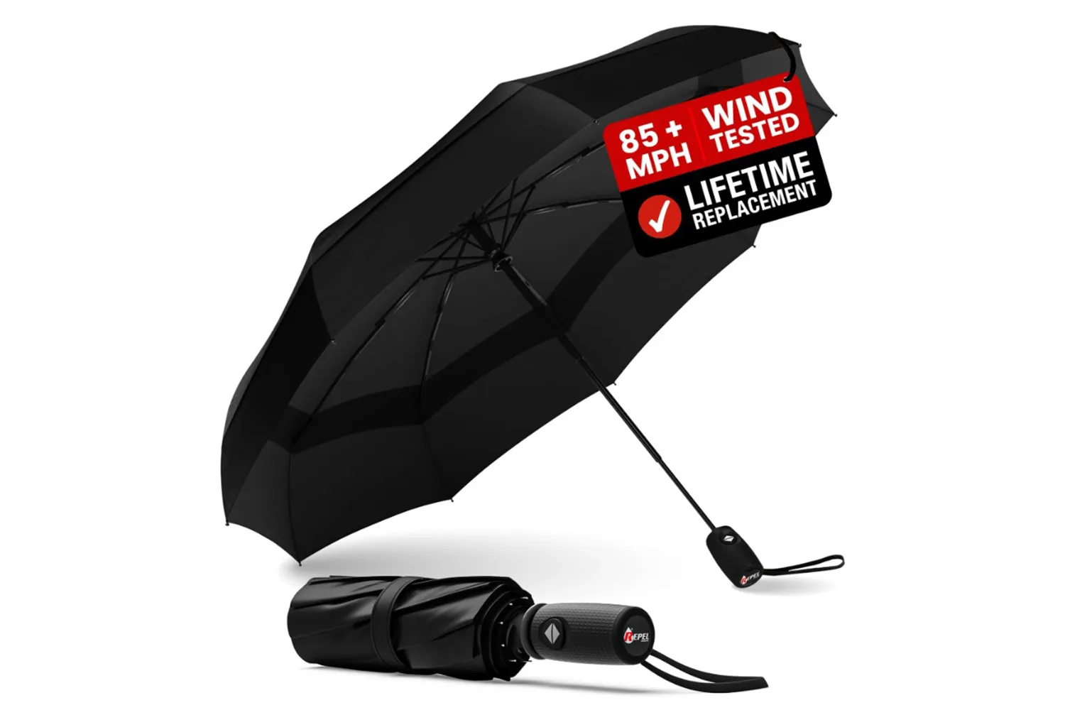 A compact REPEL windproof travel umbrella designed for high-wind resistance.