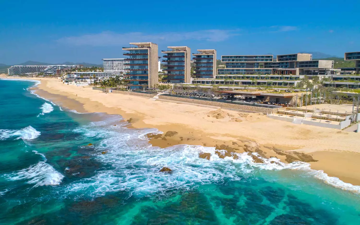 The modern beachfront architecture of Solaz resort in Los Cabos, Mexico.
