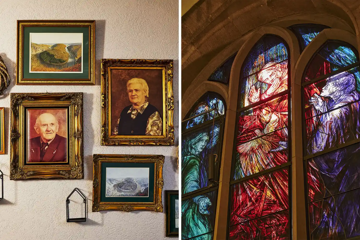 A collection of portraits at a hotel and a colorful stained glass window inside Tholey Abbey.