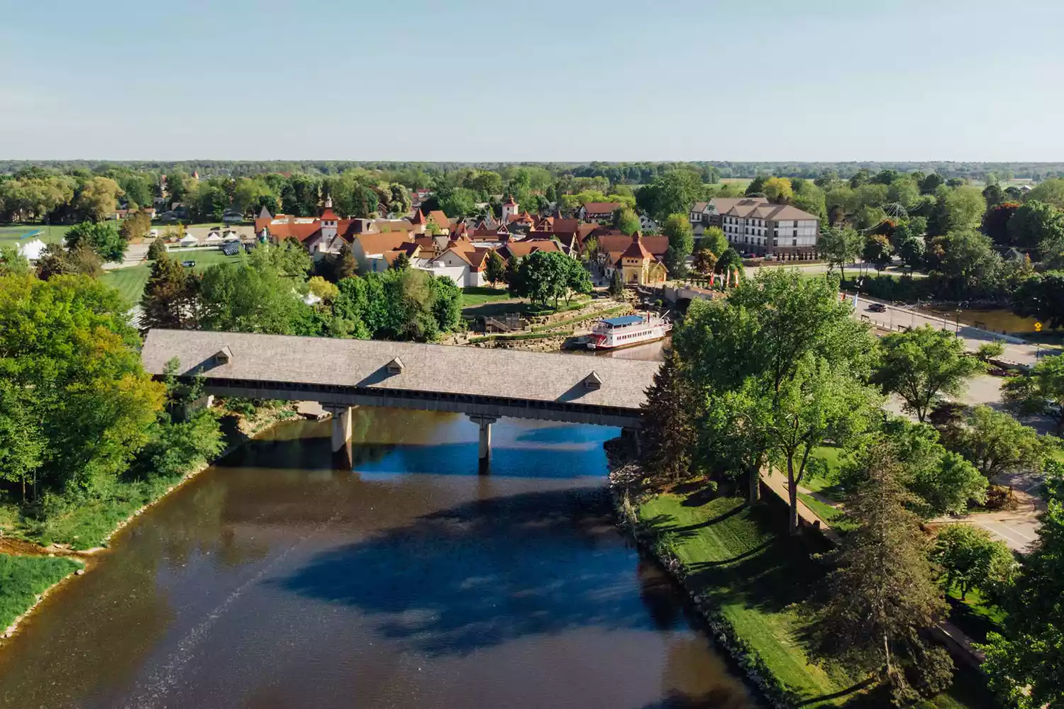Aerial view of the Cass River flowing through the Bavarian-themed town of Frankenmuth.