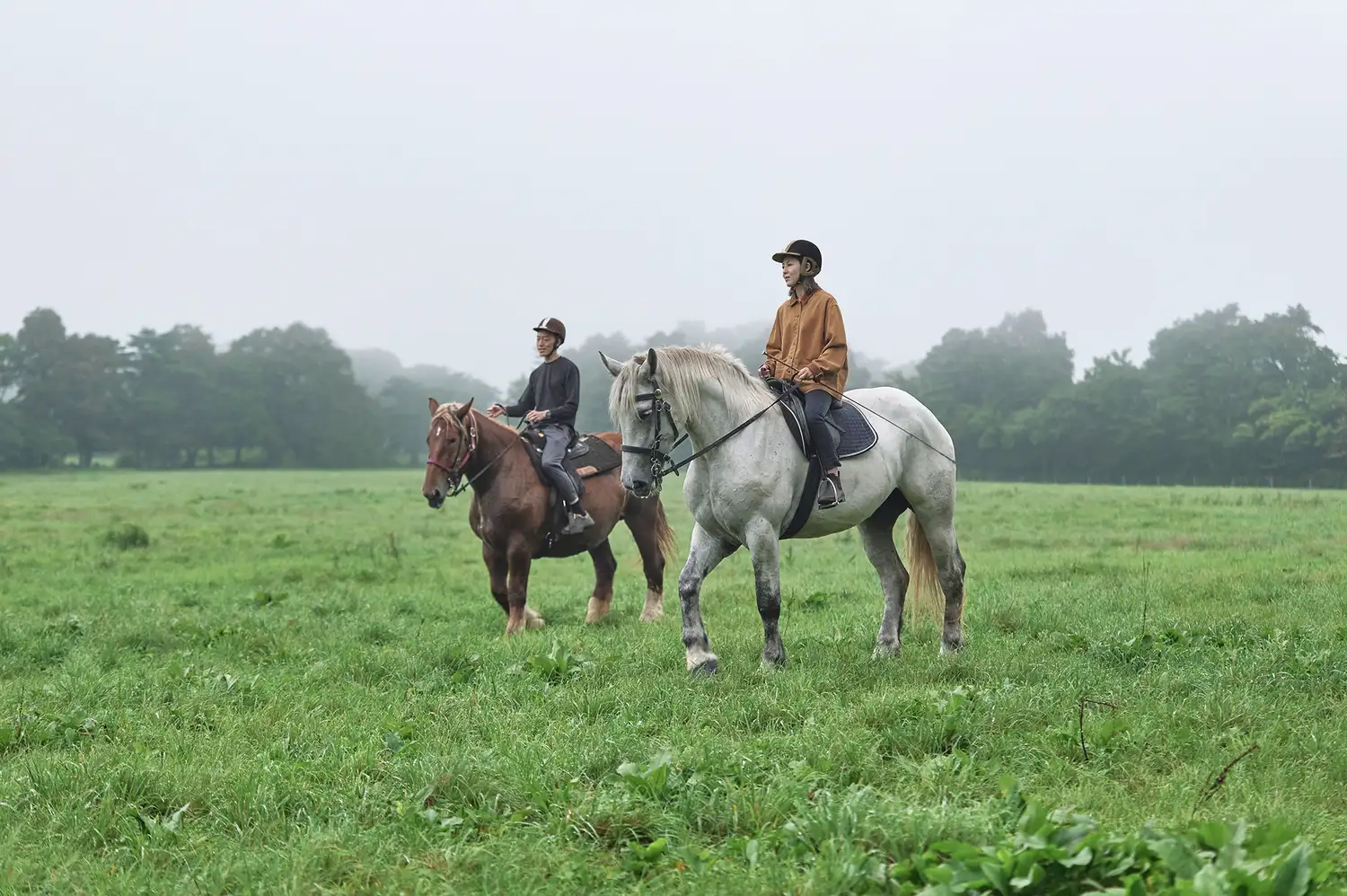 Guests horseback riding in the open green fields of the farm resort.