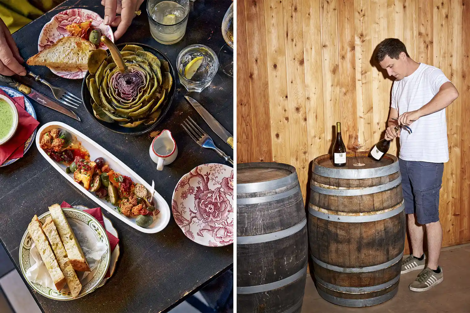 A dining table with tapas snacks and a man pouring wine from a barrel at a winery.
