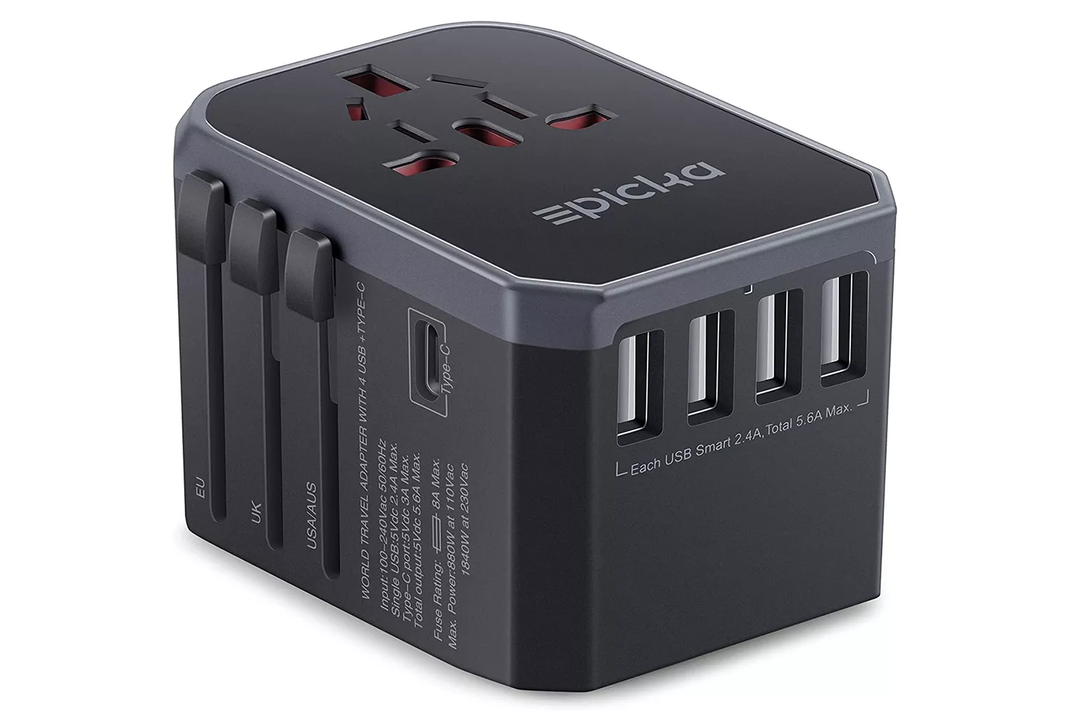 EPICKA Universal Travel Adapter with multiple USB ports and international plug compatibility.