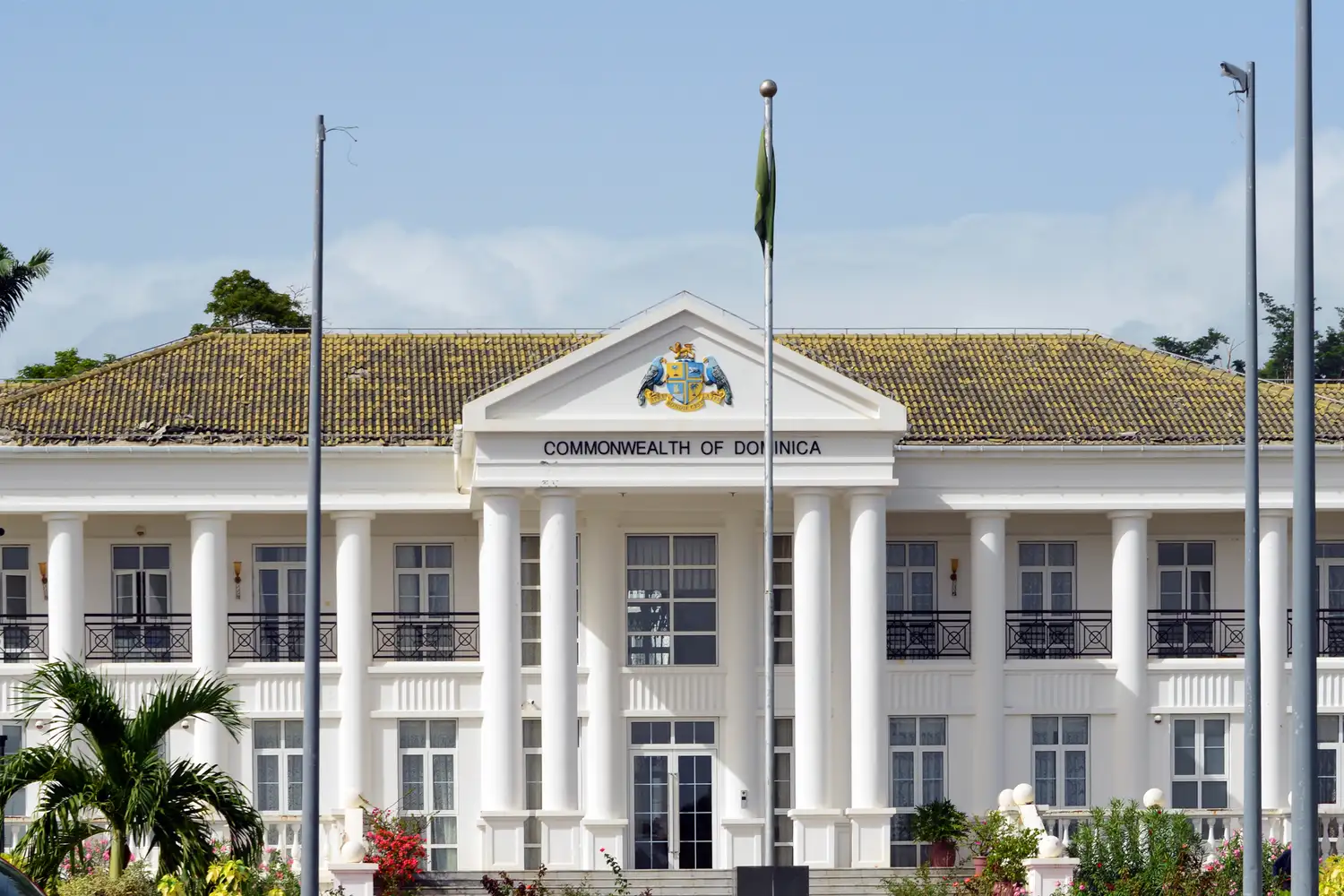 The State House of Dominica with classic columns and official signage.