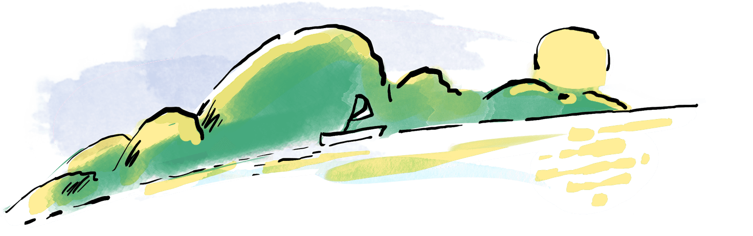 A serene painting-like view of sea waves and a rugged shoreline.