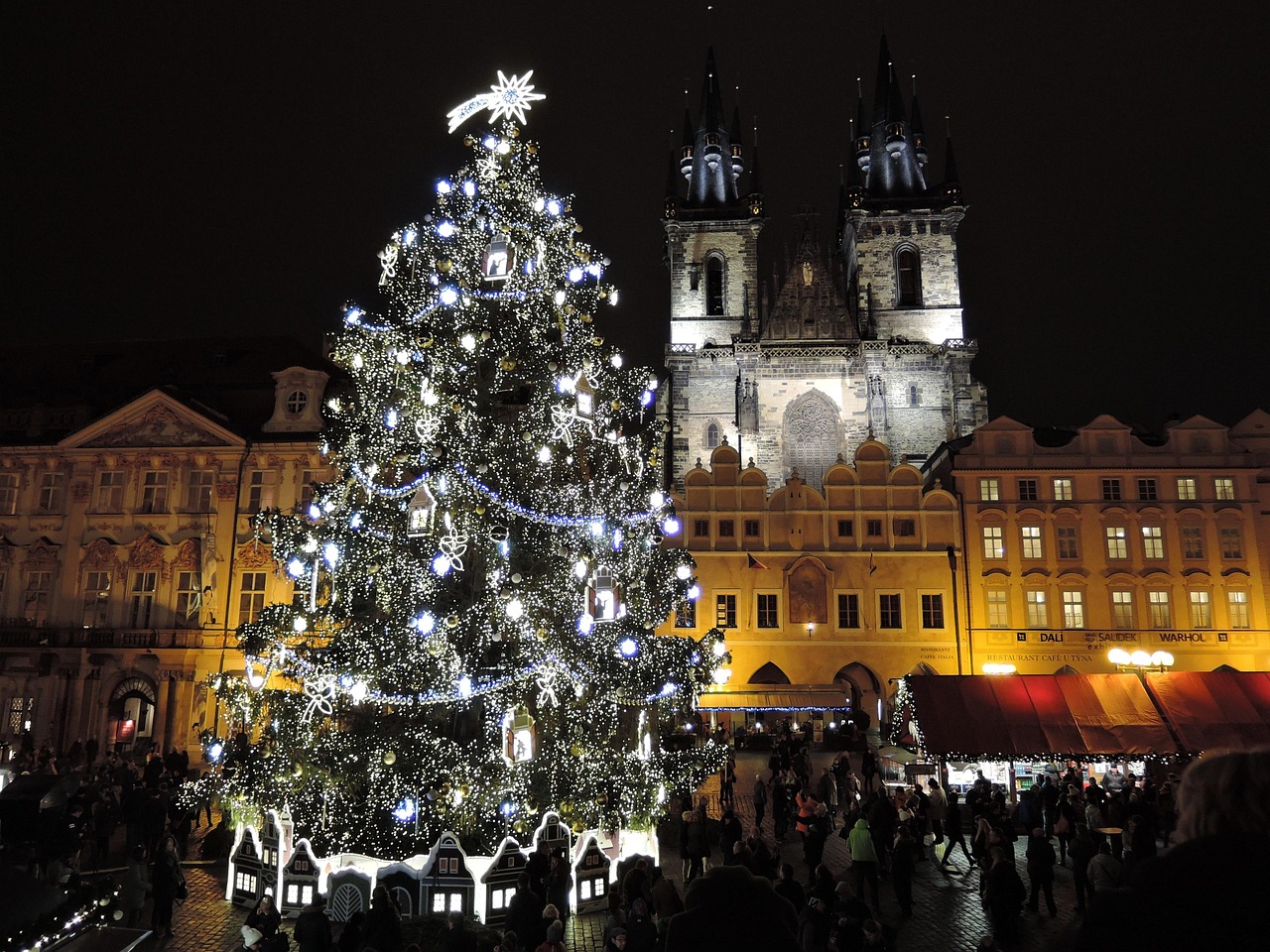 The Old Town Square in Prague transforms into a medieval winter wonderland during the holiday season.