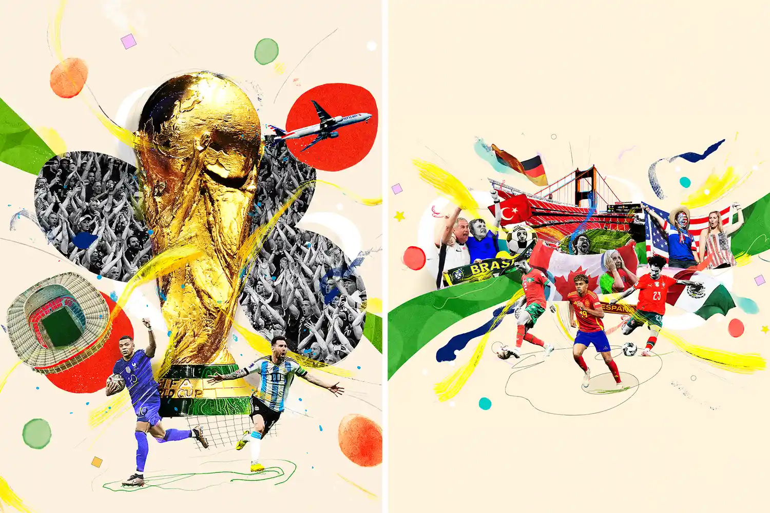 A vibrant collage featuring the FIFA trophy alongside football players and the national flags of the USA, Canada, and Mexico.
