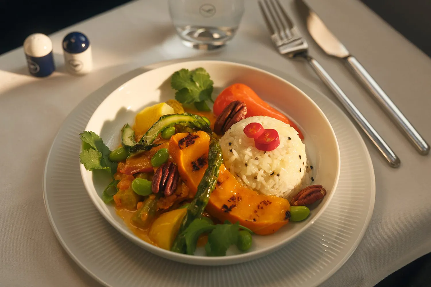 A close-up of a gourmet business class meal with vibrant vegetables and rice served on a designer tray.