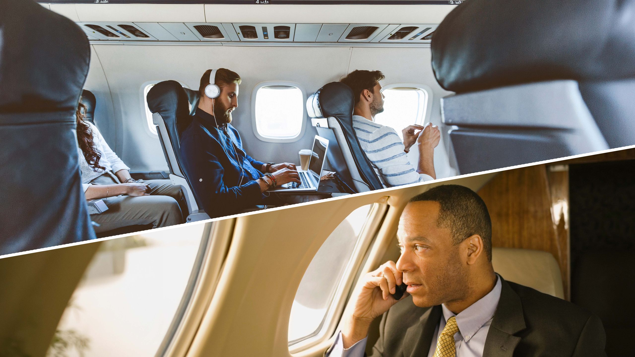 A passenger in a business class cabin using a mobile device for communication during a flight.